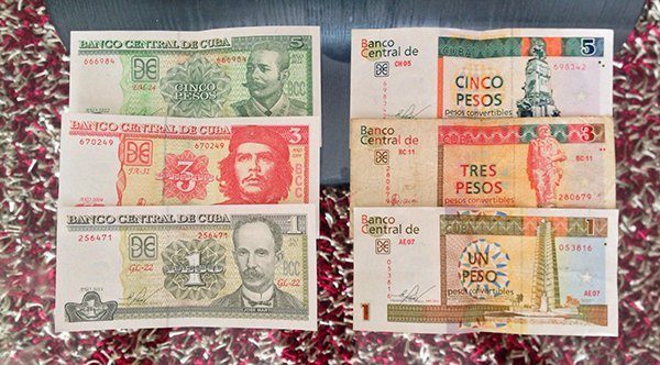 Both Cuban currencies. CUP on the left ($1 = 26 CUP) and the CUC on the right ($1 = 1 CUC).