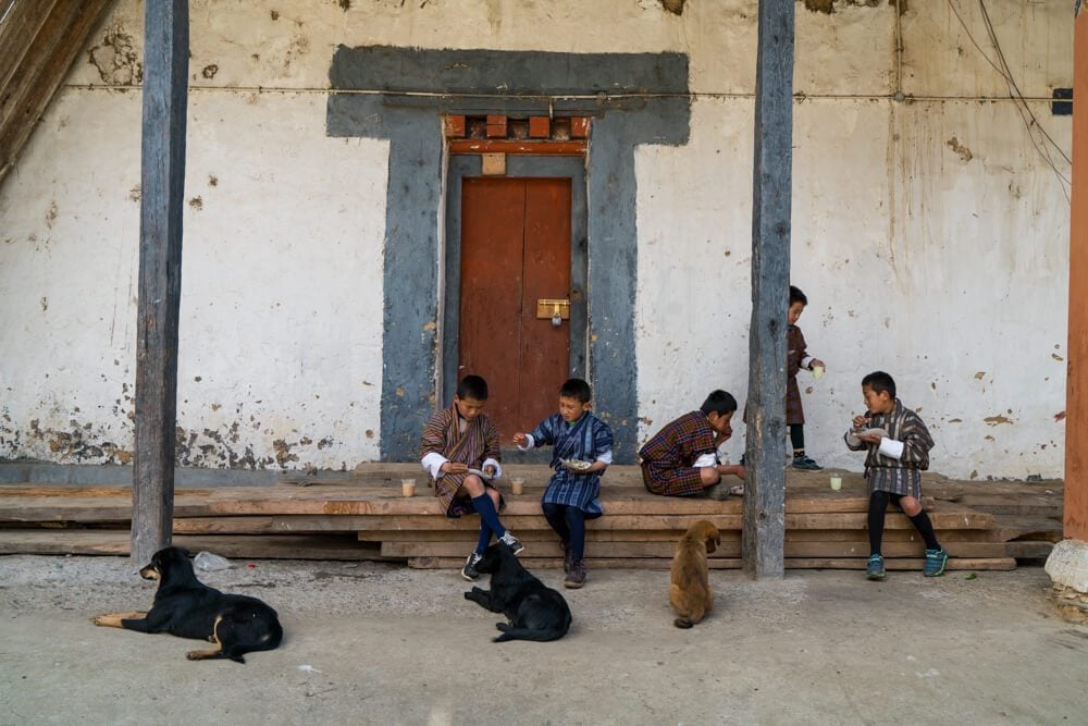 Kids having lunch in Bhutan