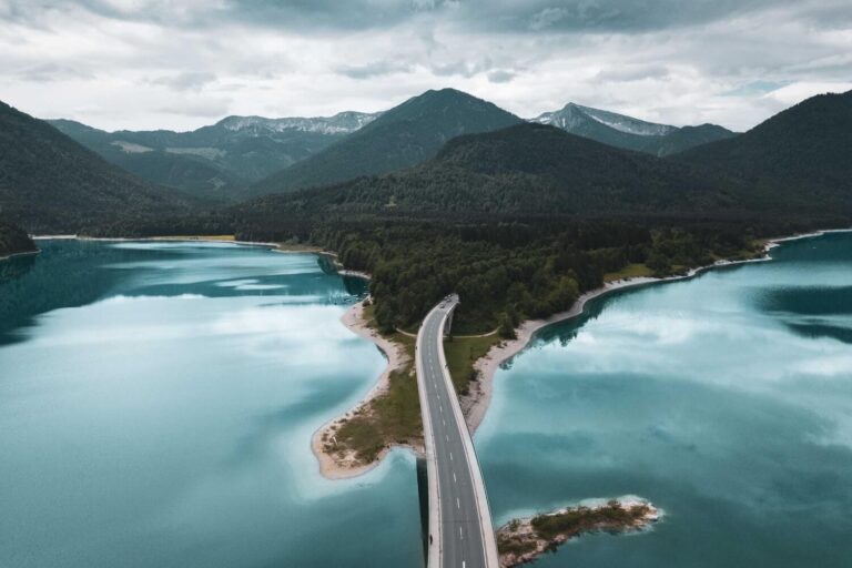 Aerial view of a road and mountains
