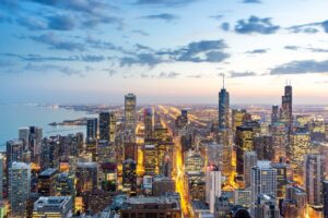Aerial view of Chicago at Sunset