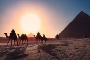 Sunset by the Giza Pyramids in Cairo, Egypt