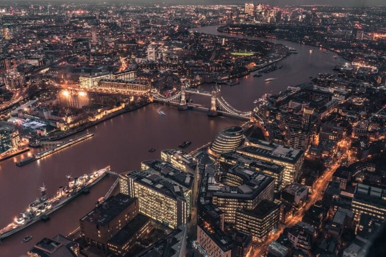London Aerial View along the Thames River at Night